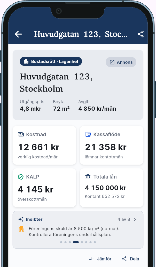 BoKalk app — kostnadsöversikt för en bostadsrätt i Stockholm